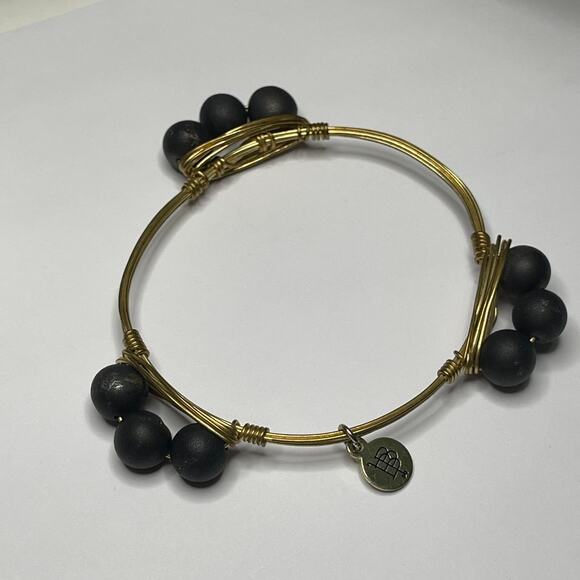 BOURBON & BOWETIES gold tone bracelet bangle 3 black beads jewelry wire wrapped - Picture 5 of 9
